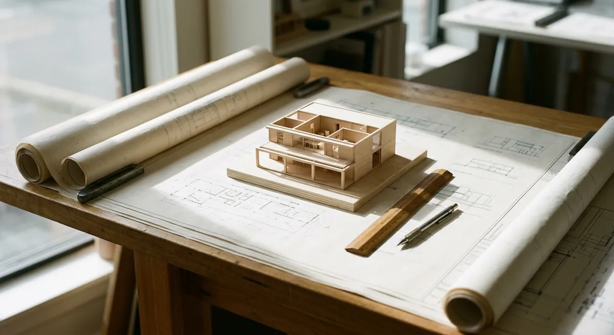 Plans d’exécution déroulés sur une table à dessin